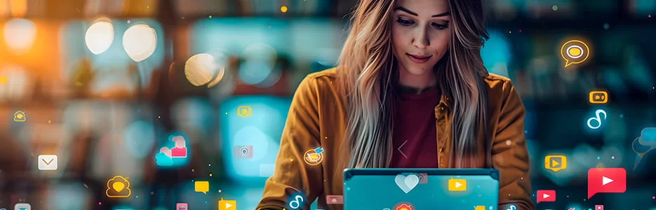 Visual conceitual de redes sociais conectando posicionamento de marca e oportunidades comerciais