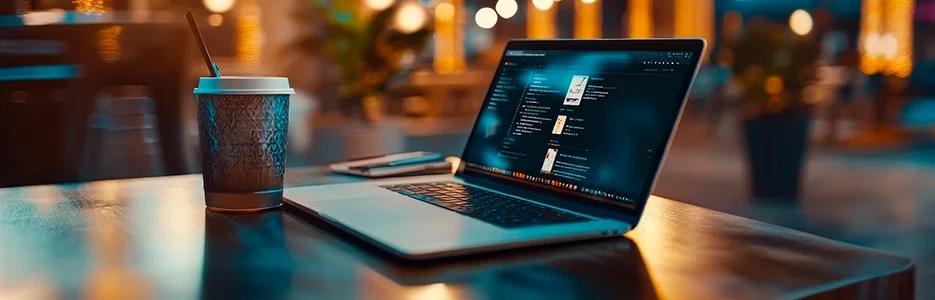 Empresário comparando um site corporativo antigo com uma plataforma moderna focada em experiência do usuário, conversão e performance digital.